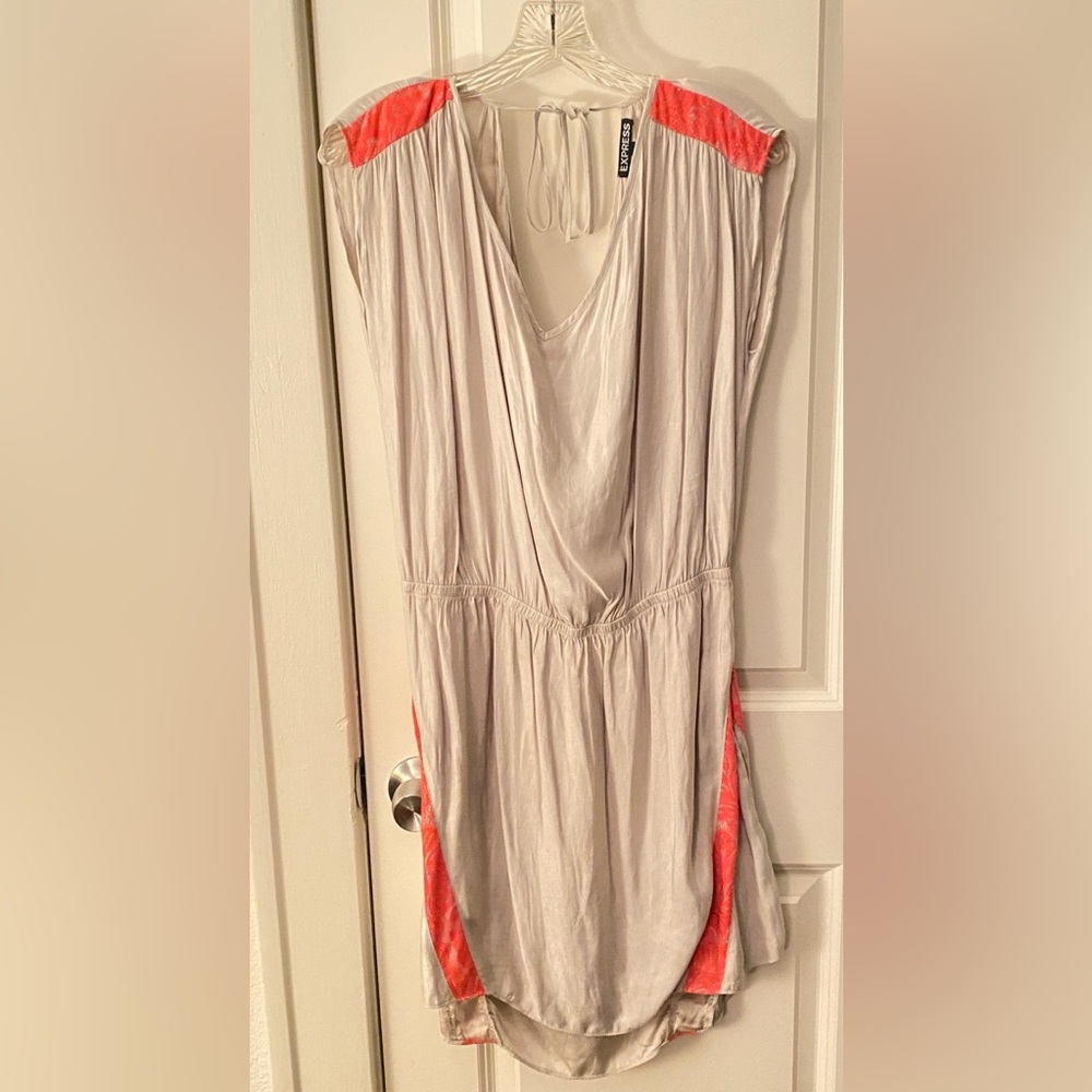 Express champagne colored with pink lace midi dress, size L.